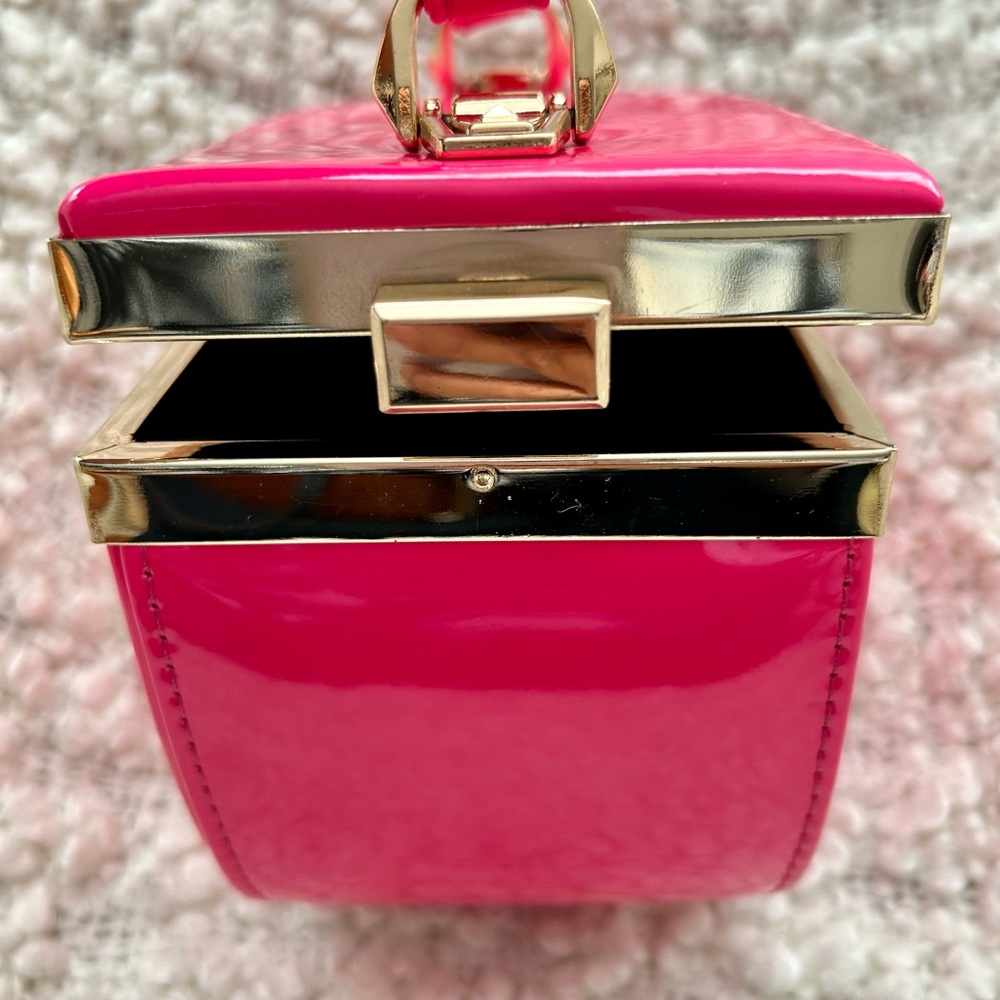 Pink One-of-a-Kind Patent Semi-Circle Box Bag with Short Handle & Shoulder Strap - Picture 4 of 8